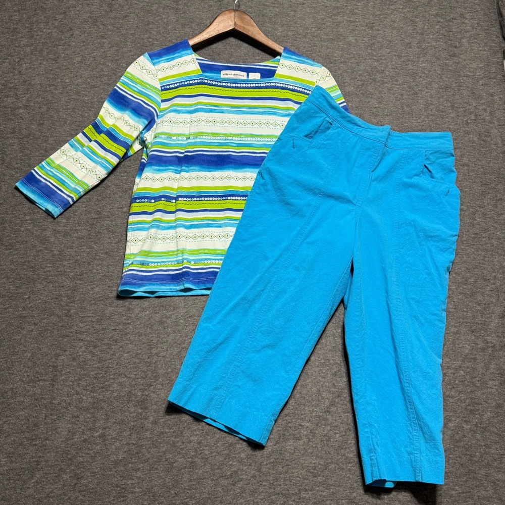 Alfred Dunner Blue and Green Striped Top& Capri Set. Womens Petite
